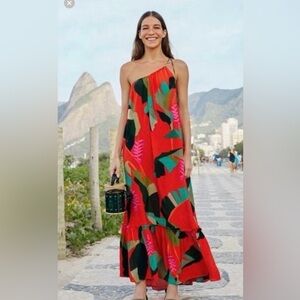 Tropical One-Shoulder Red Dress
